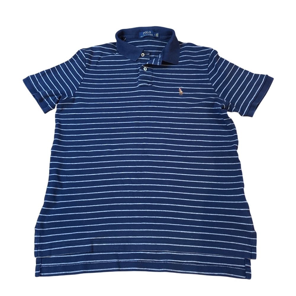 Polo Ralph Lauren Polo Shirt Mens Navy Blue Striped Vintage Style SIZE L